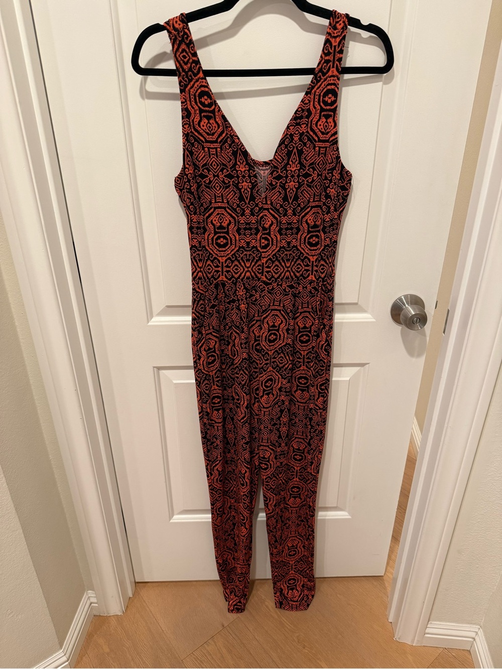 Sleeveless Black & Orange Geometric Jumpsuit